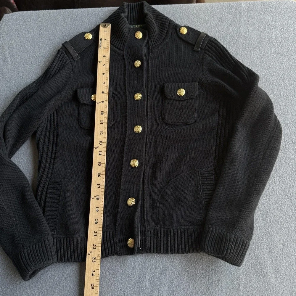 Lauren Ralph Lauren Cardigan Sweater Womens PL Black Military Gold Button Knit